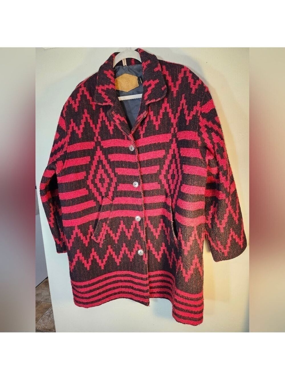 Woolrich Vintage Black & Red Wool Blanket Coat Southwest/Mesa Sz L